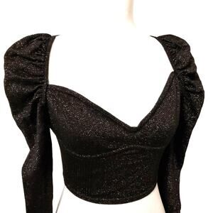Lè Rumi Cropped Corset Sweater Black Metallic Long Puff Sleeve WHIMSY GOTH NEW